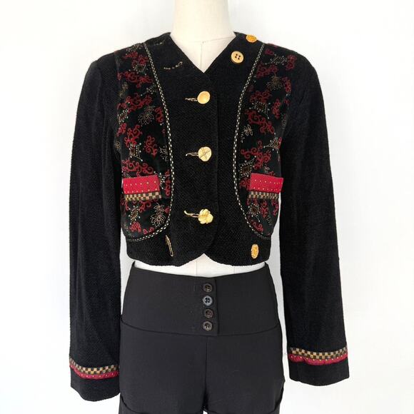 VINTAGE BLACK VELVETY JACKET WITH GOLD BUTTONS AND PAISLEY - Picture 1 of 7